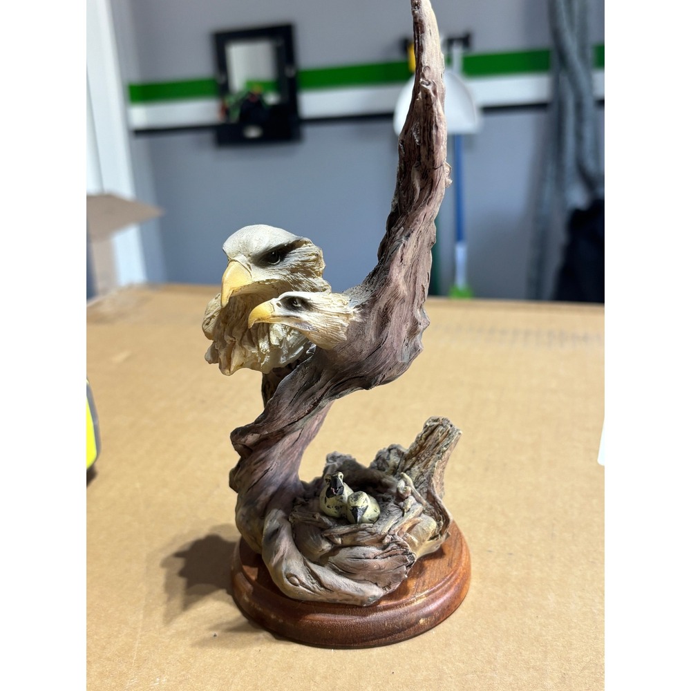 Bald Eagle Family Nesting Figurine Resin Sculpture on Wood Base 8 Inch - Picture 1 of 7